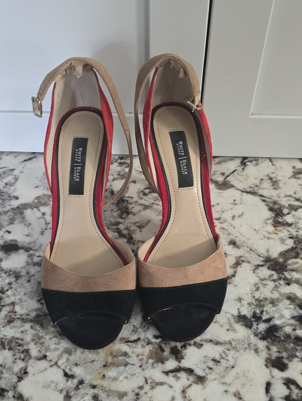 7M White House Black Market Beige, Black & Red Suede Open-Toe Ankle-Strap Heels